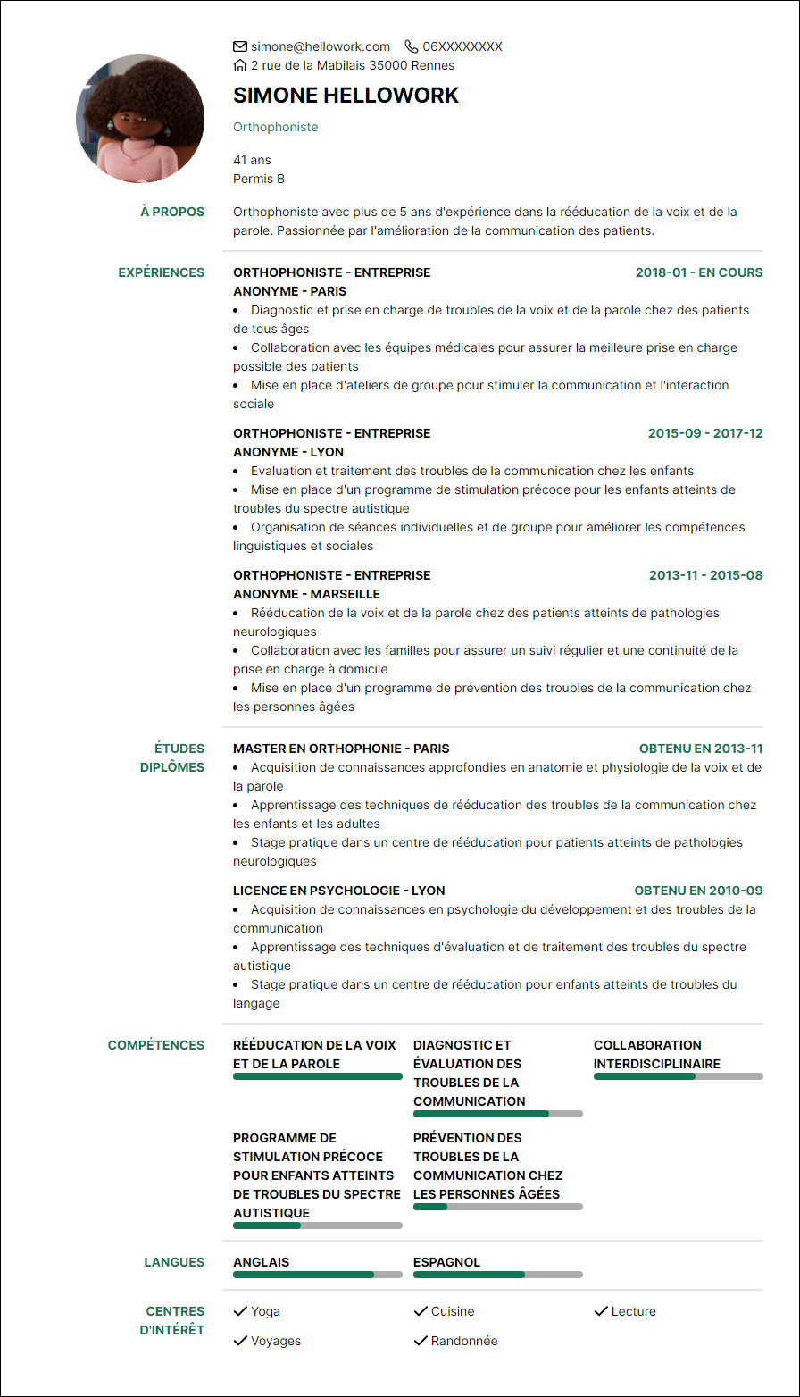 Exemple CV Orthophoniste