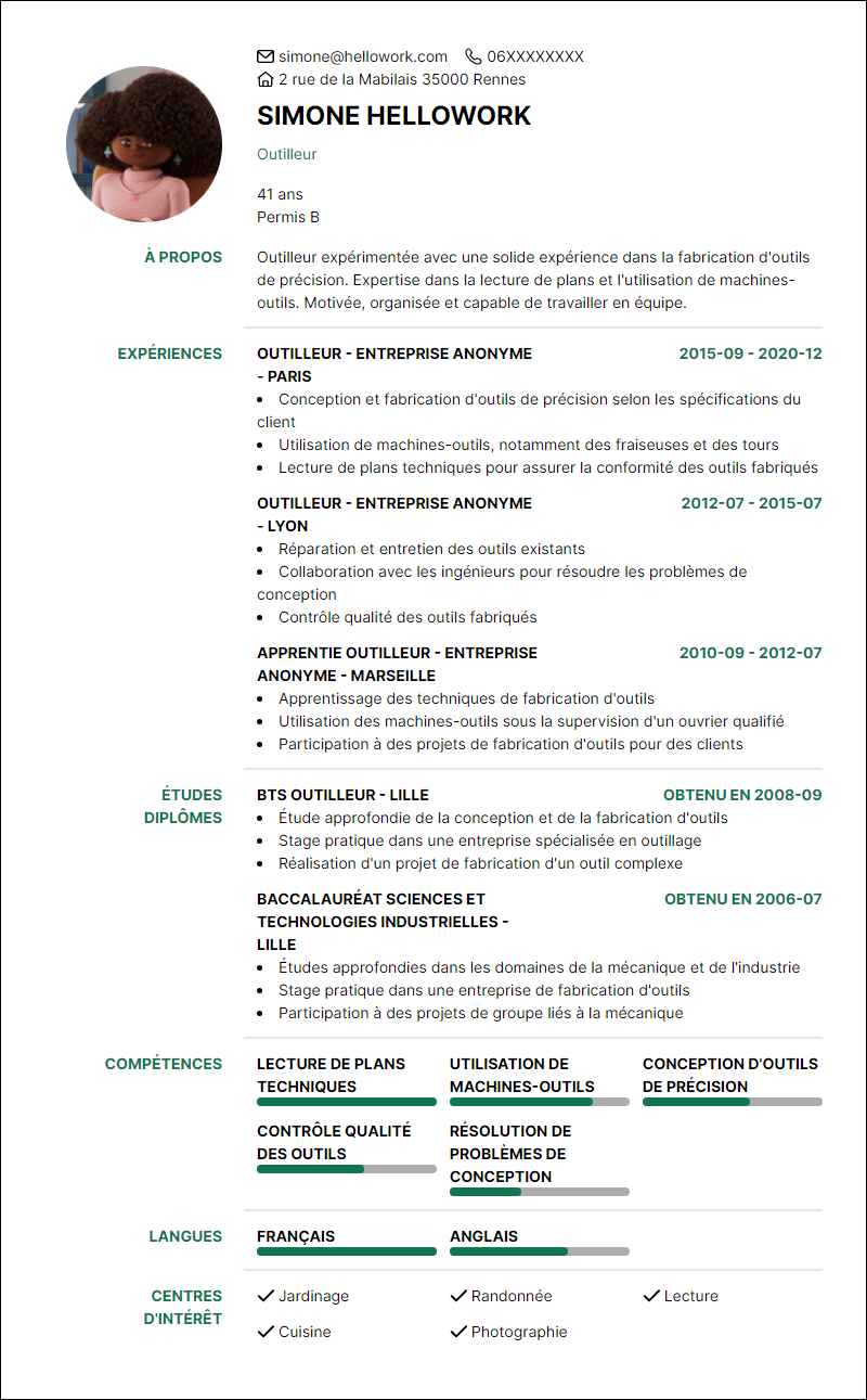 Modèle CV Outilleur Exemple CV Outilleur