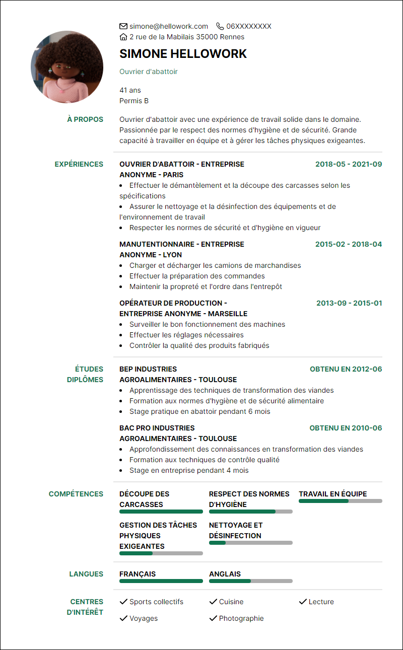 Modèle CV Ouvrier d'abattoir Exemple CV Ouvrier d'abattoir