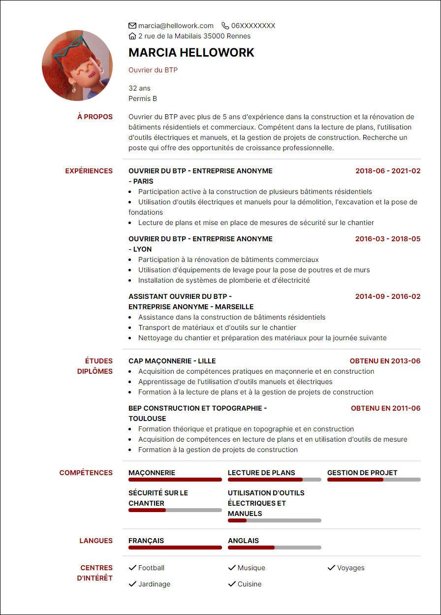 Modèle CV Manoeuvre BTP Exemple CV Manoeuvre BTP