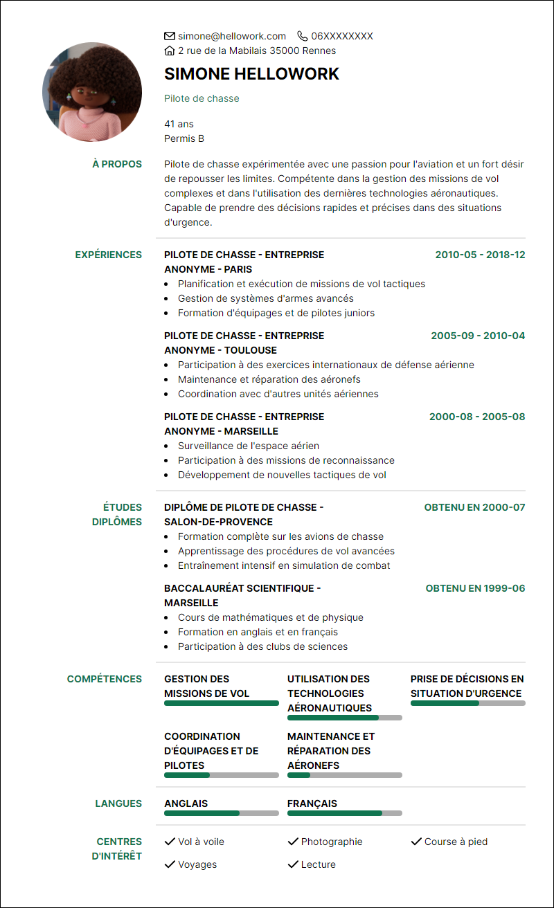 Modèle CV Pilote de chasse Exemple CV Pilote de chasse