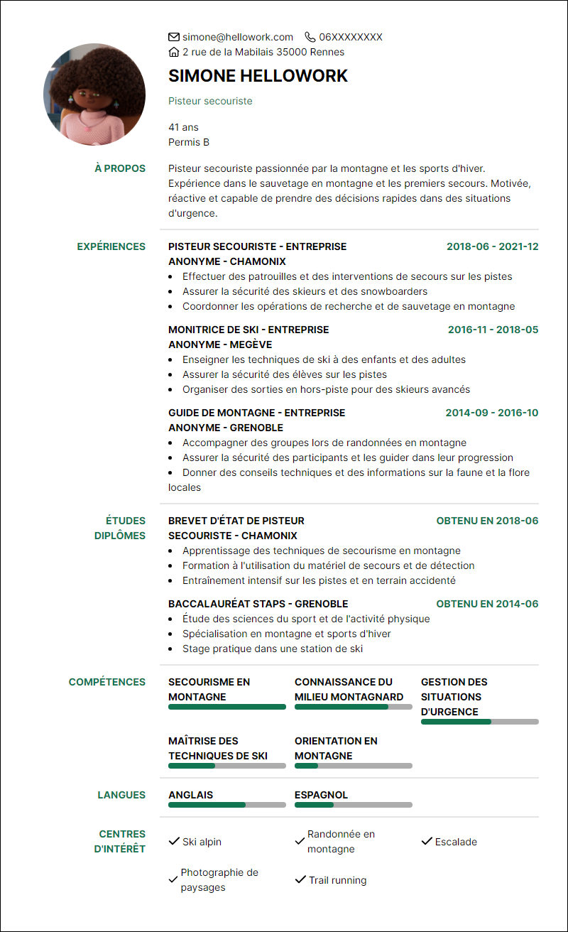 Modèle CV Pisteur secouriste Exemple CV Pisteur secouriste