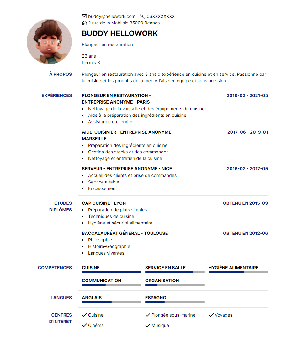 Modèle CV Plongeur en restauration Exemple CV Plongeur en restauration