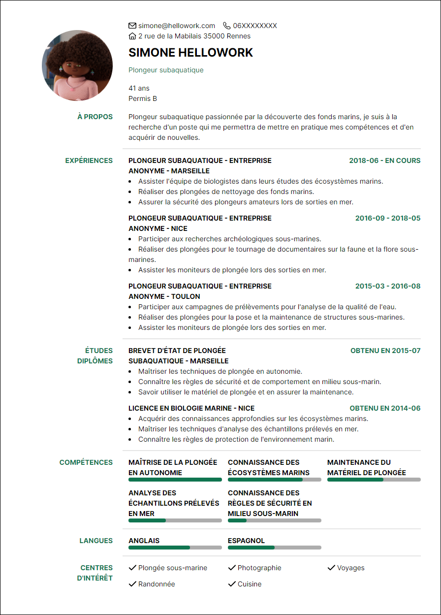Modèle CV Plongeur subaquatique Exemple CV Plongeur subaquatique