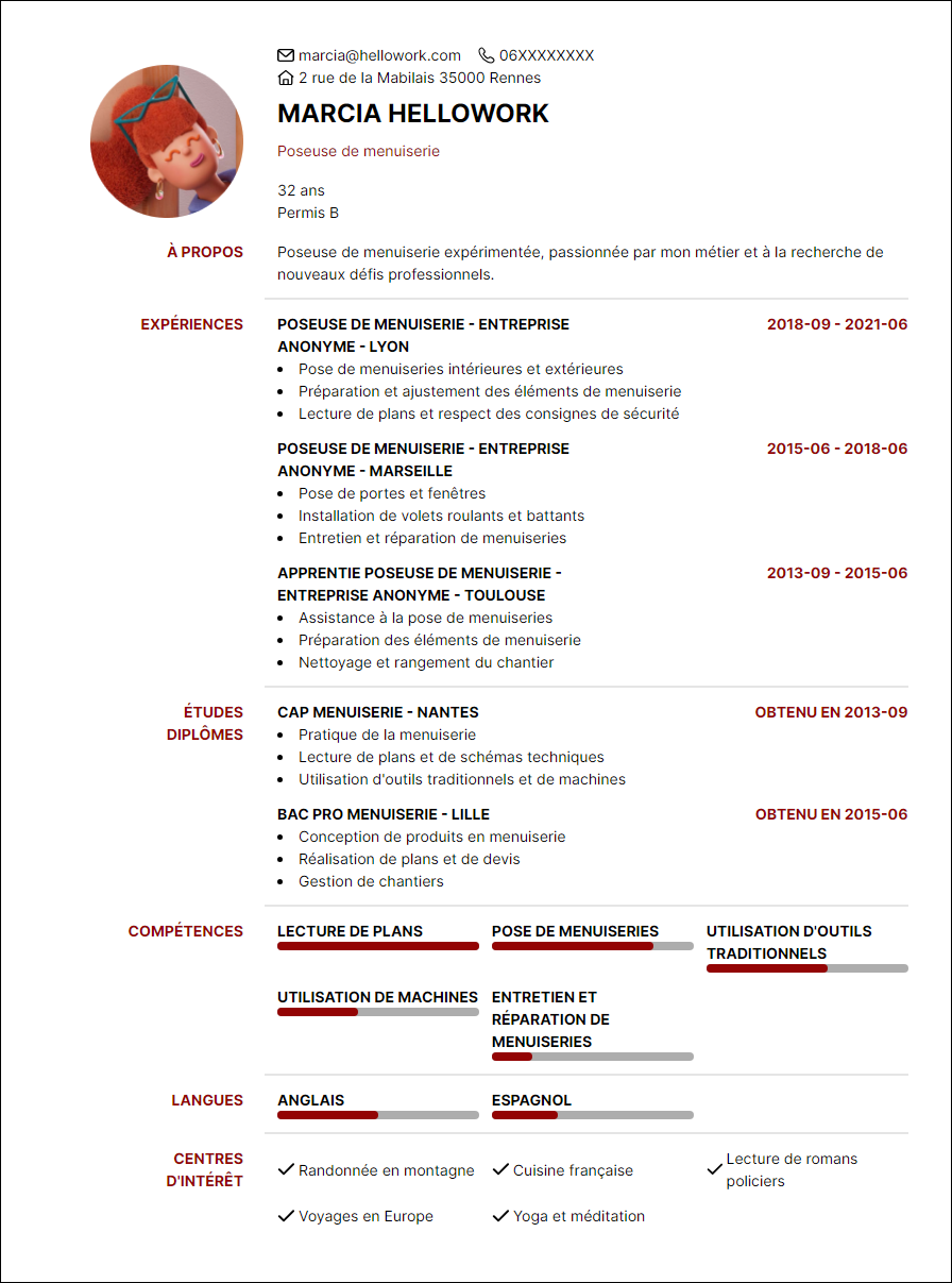Modèle CV Menuisier poseur Exemple CV Menuisier poseur