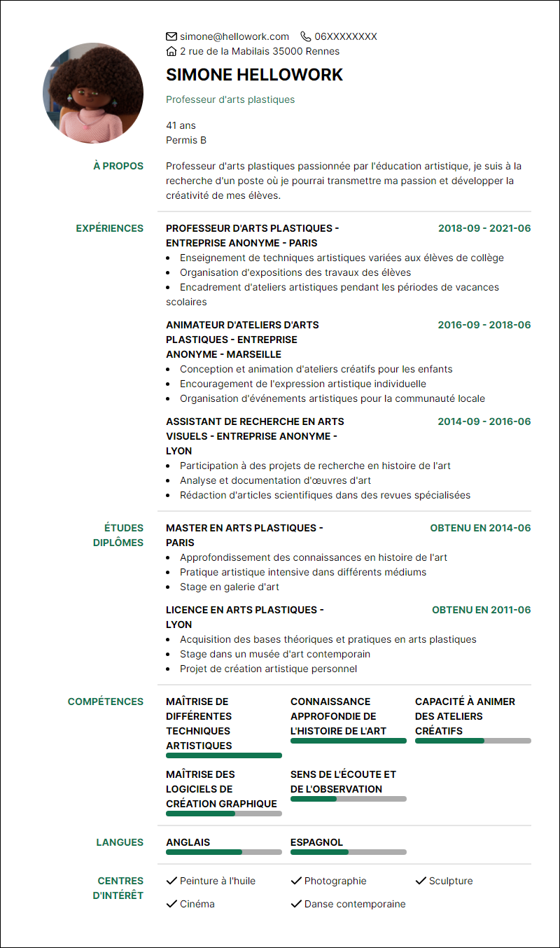 Modèle CV Professeur d'arts plastiques Exemple CV Professeur d'arts plastiques