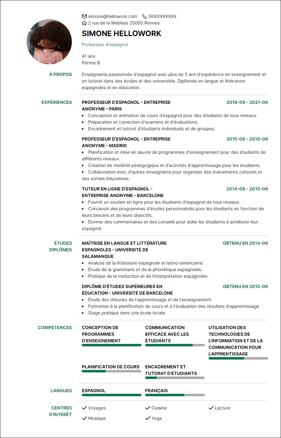 Modèle CV Professeur d'espagnol Exemple CV Professeur d'espagnol