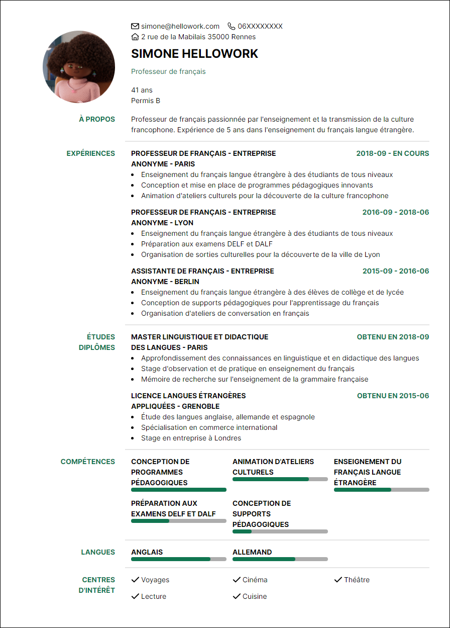 Modèle CV Professeur de français Exemple CV Professeur de français