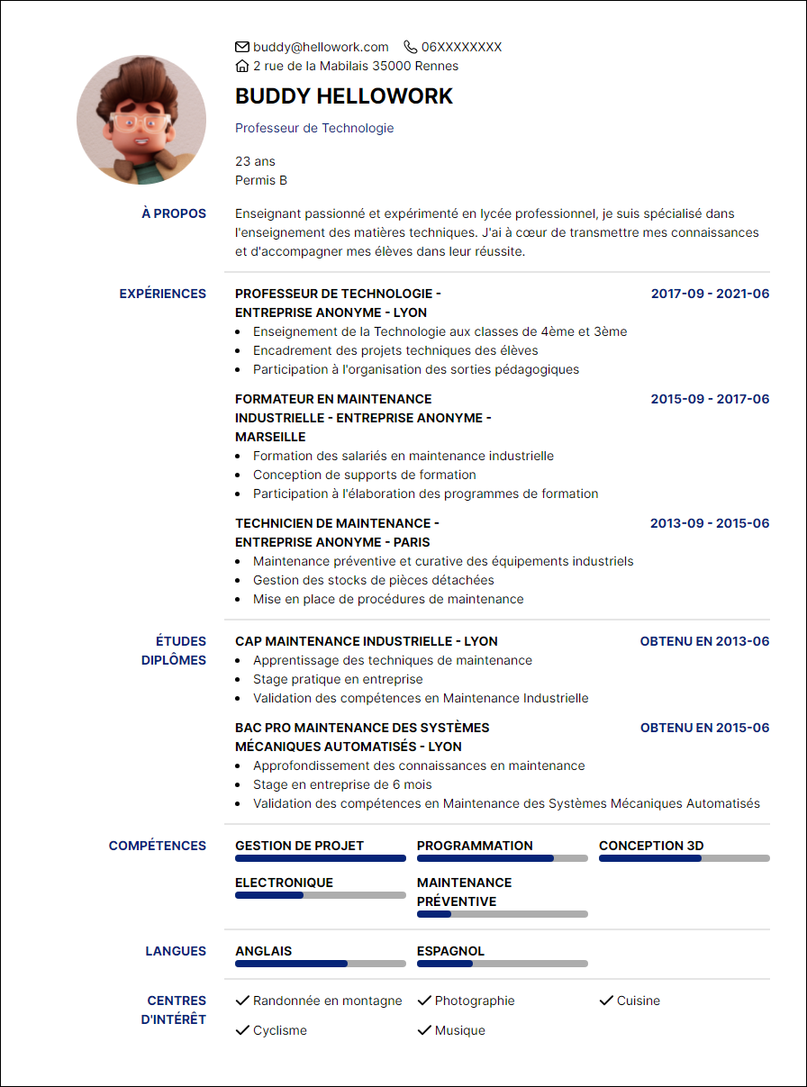 Modèle CV Professeur de lycée professionnel Exemple CV Professeur de lycée professionnel