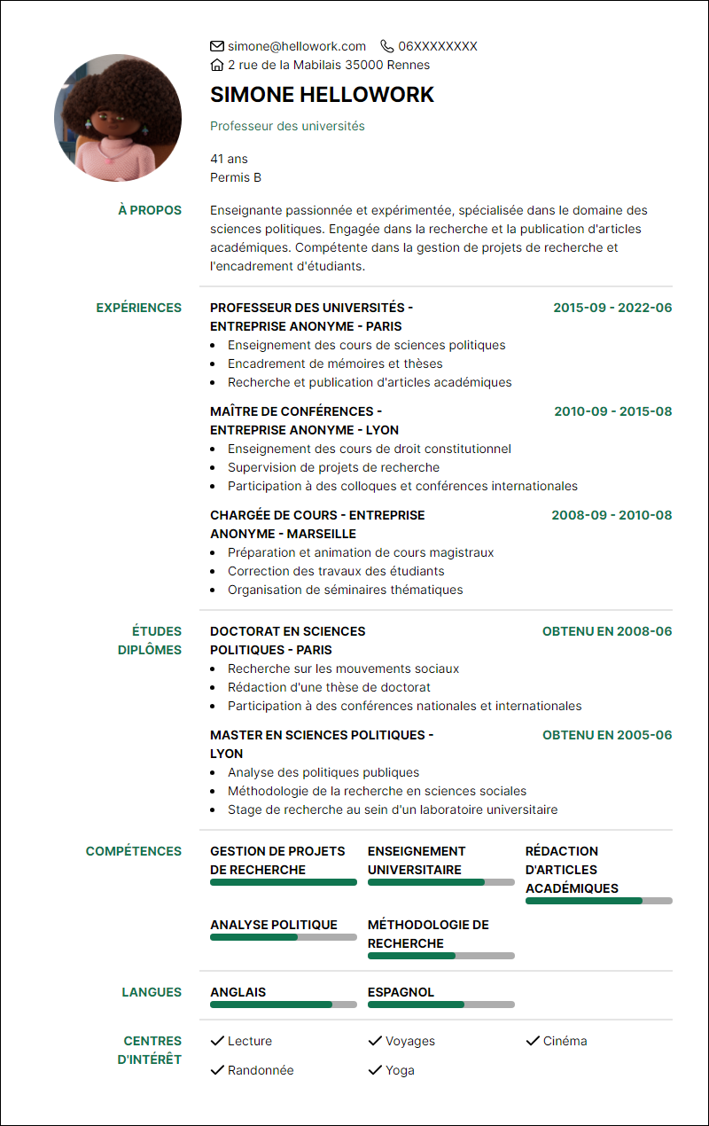 Modèle CV Professeur enseignement supérieur Exemple CV Professeur enseignement supérieur