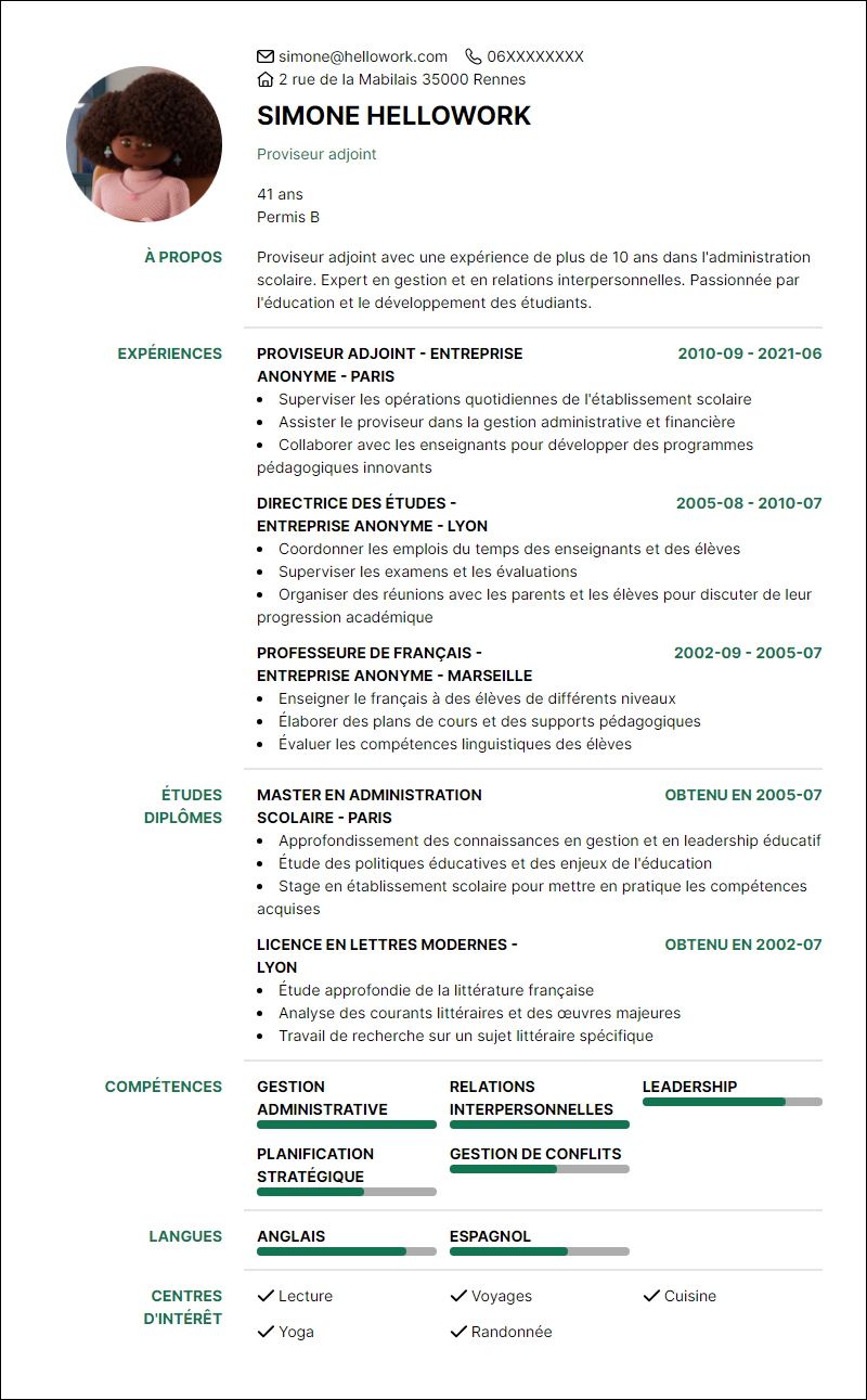 Modèle CV Proviseur adjoint Exemple CV Proviseur adjoint