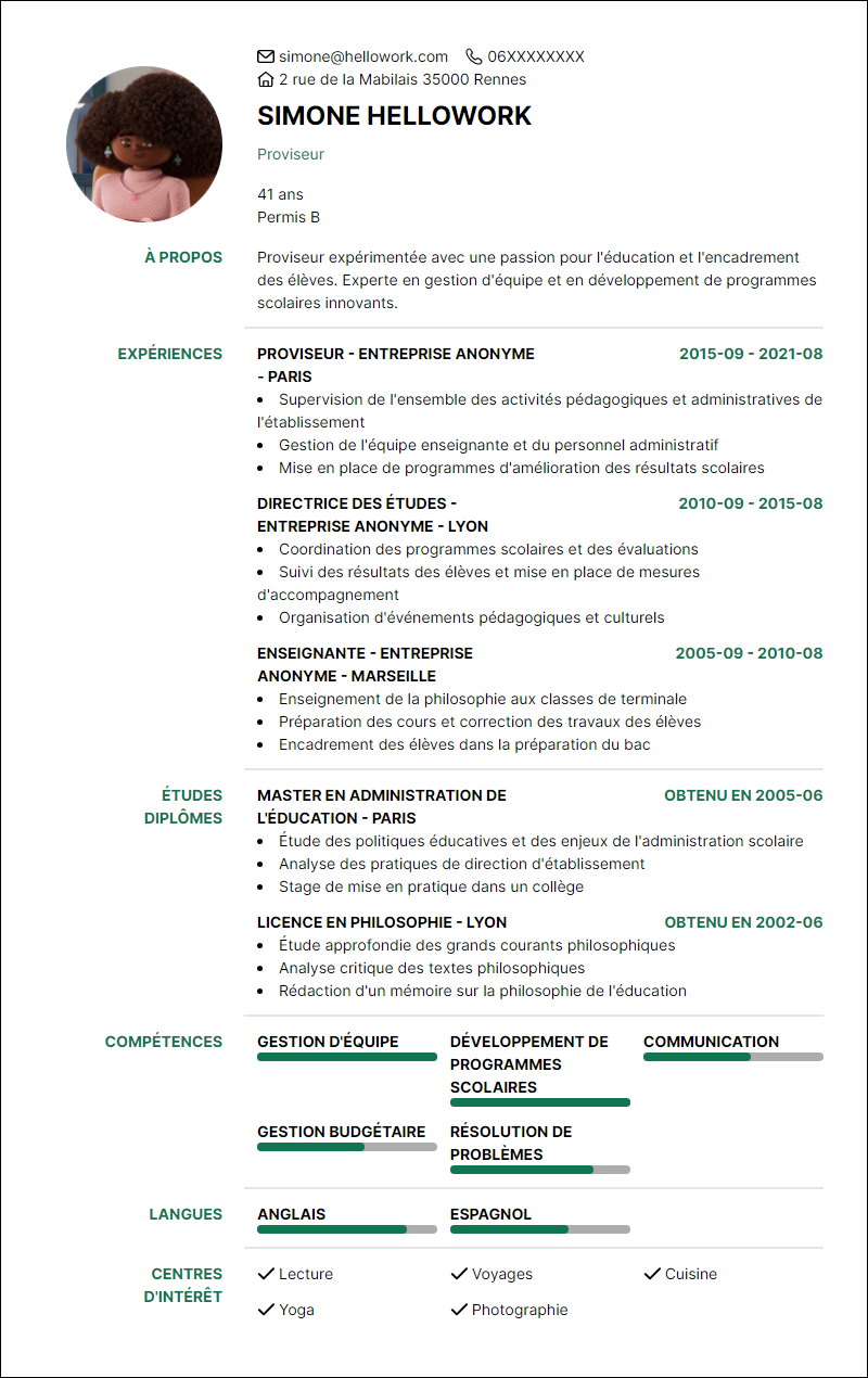 Modèle CV Proviseur Exemple CV Proviseur