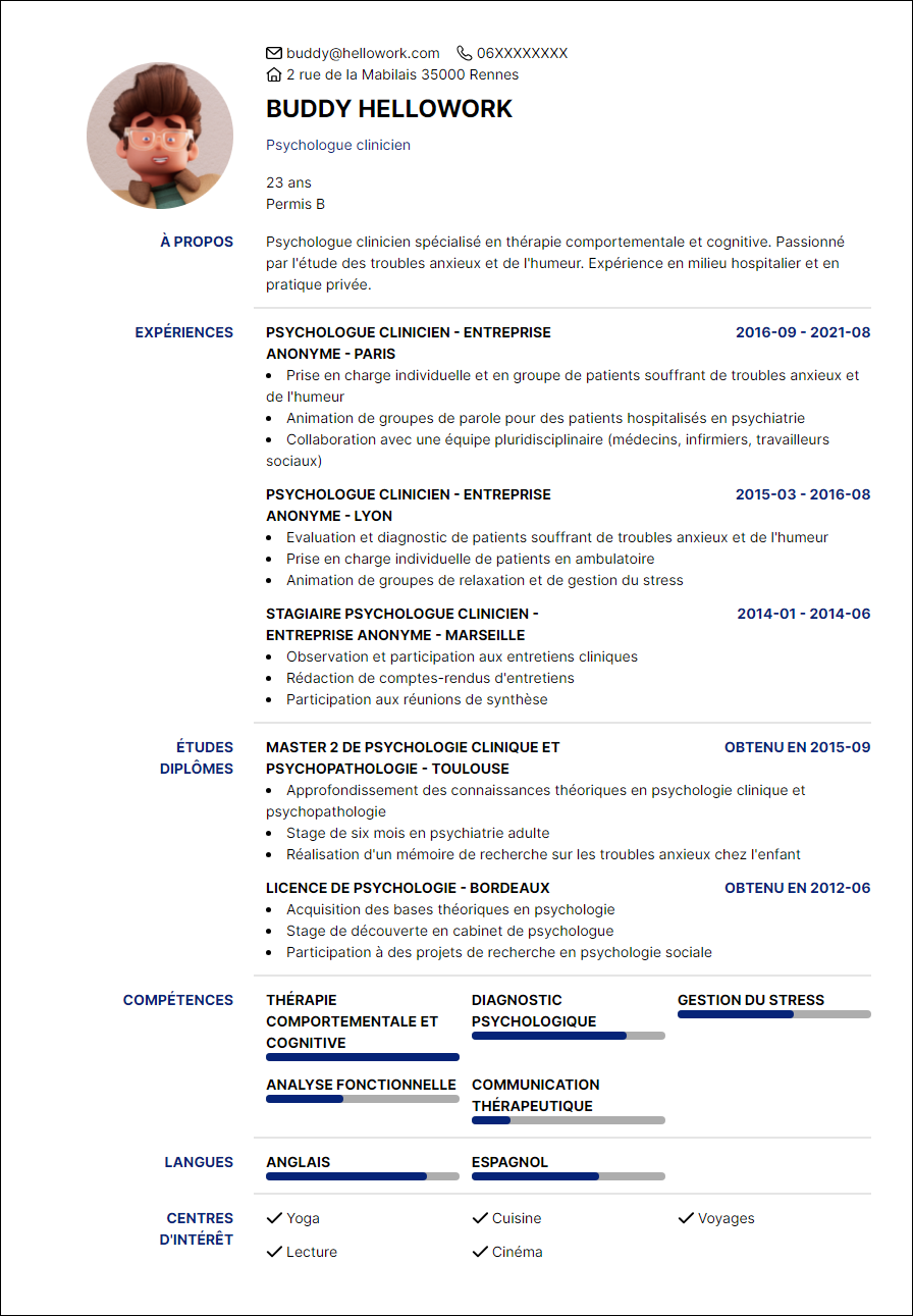 Modèle CV Psychologue Exemple CV Psychologue