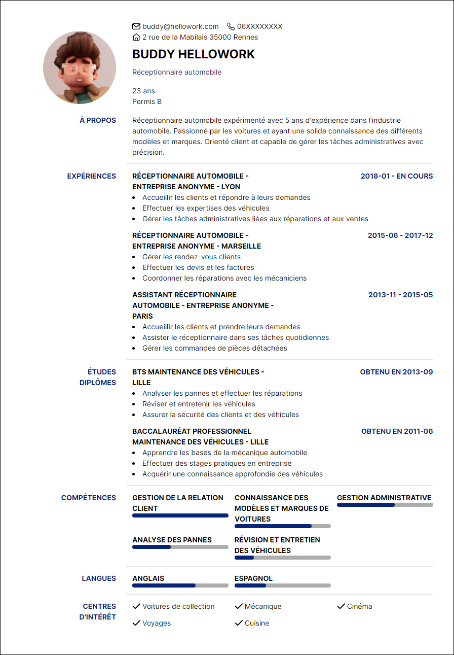Modèle CV Réceptionnaire automobile Exemple CV Réceptionnaire automobile