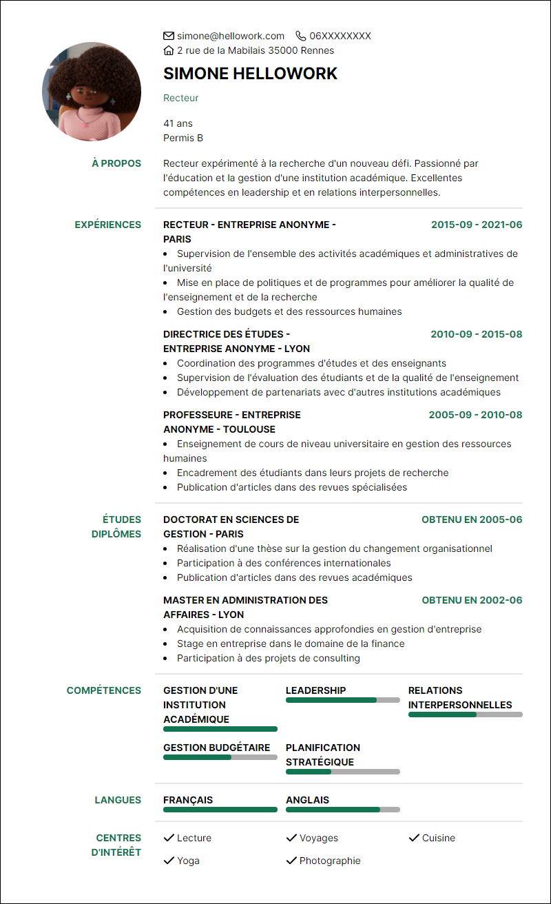 Modèle CV Recteur Exemple CV Recteur