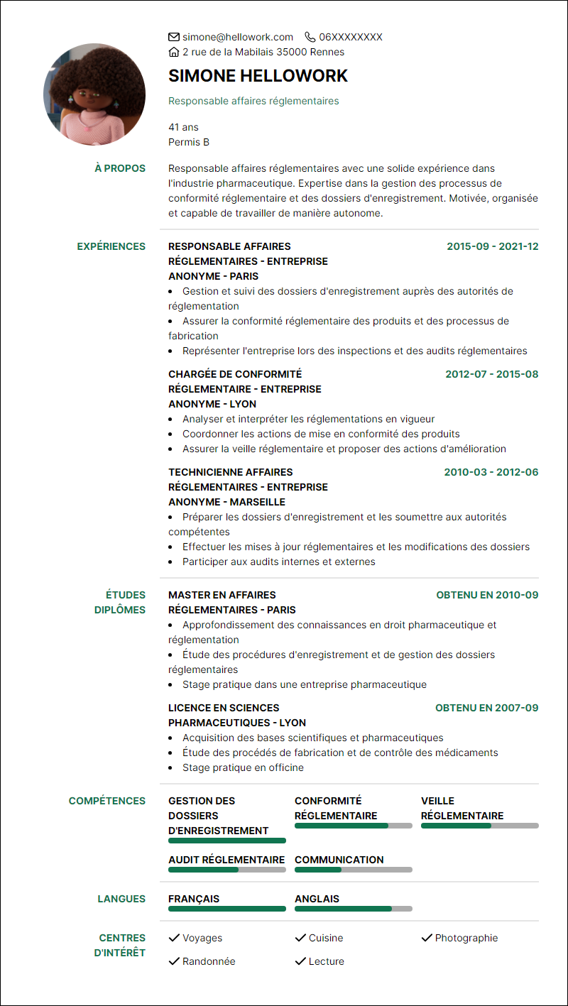 Modèle CV Chargé d'affaires réglementaires Exemple CV Chargé d'affaires réglementaires