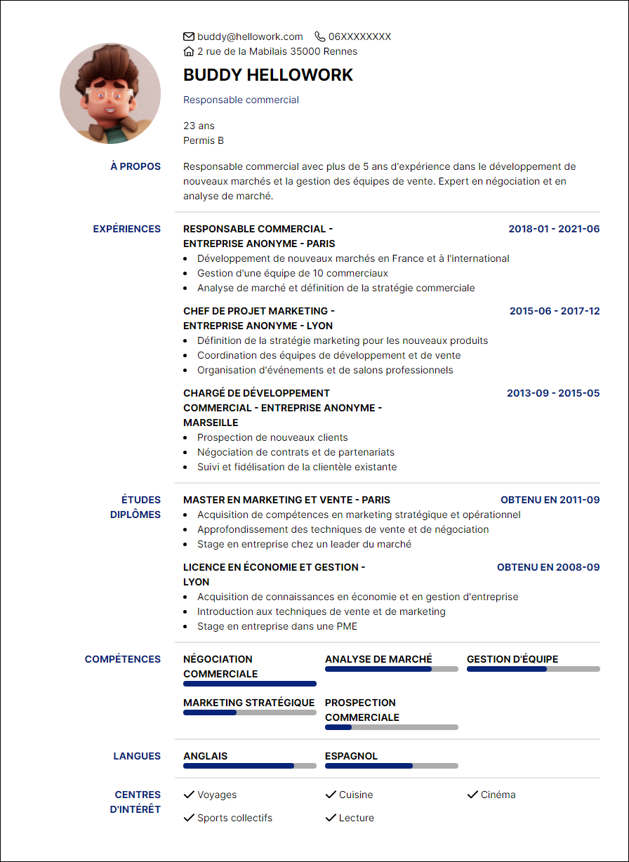 Modèle CV Responsable commercial Exemple CV Responsable commercial