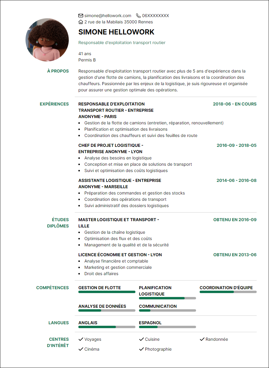 Modèle CV Exploitant de transport Exemple CV Exploitant de transport