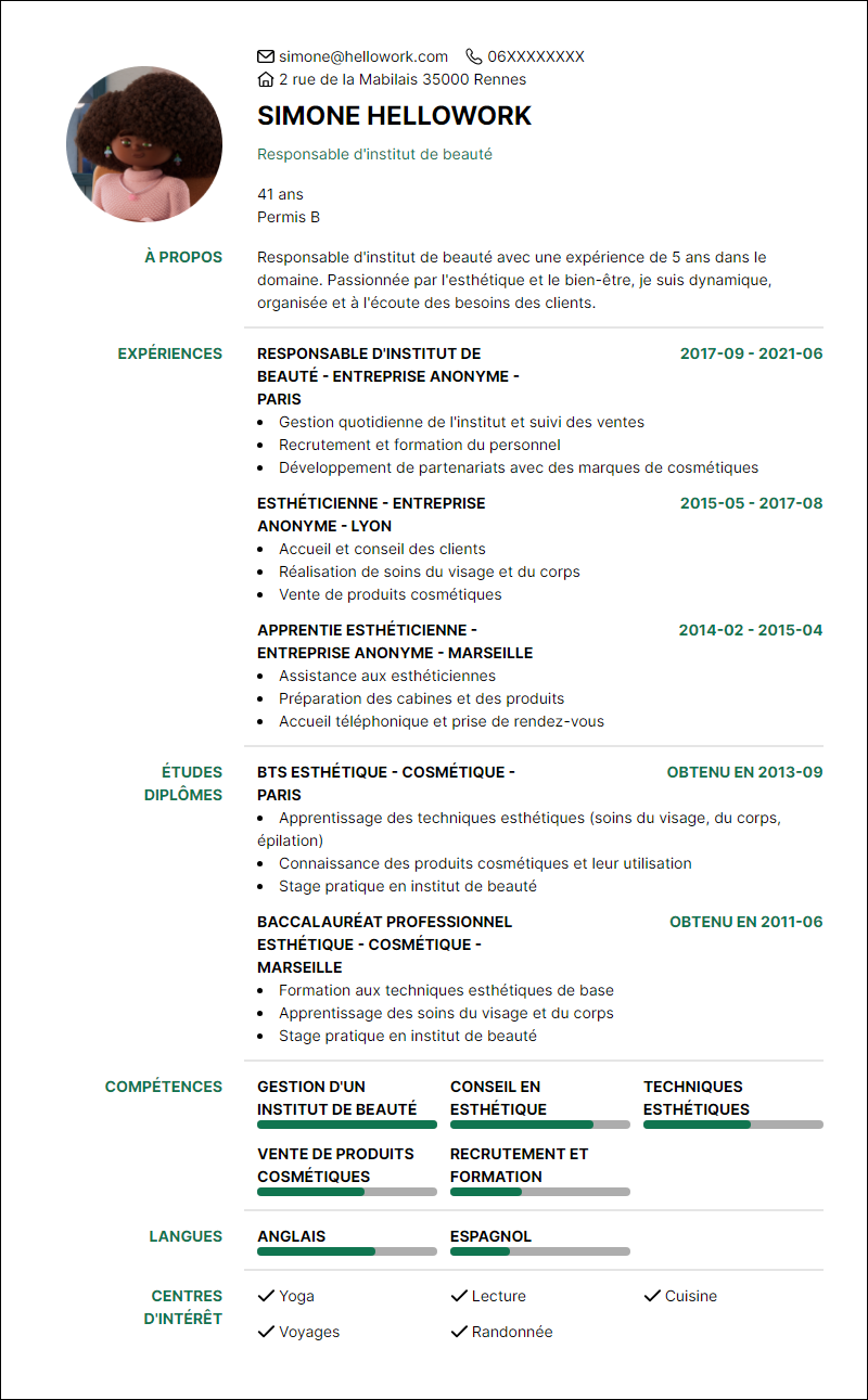 Modèle CV Responsable d'institut de beauté Exemple CV Responsable d'institut de beauté