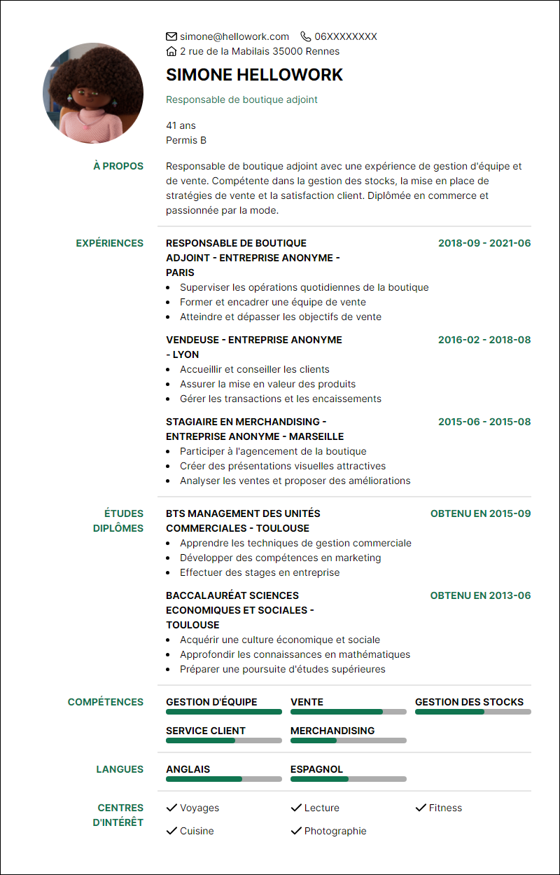 Modèle CV Responsable adjoint boutique Exemple CV Responsable adjoint boutique