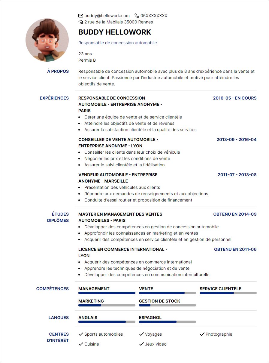 Modèle CV Concessionnaire automobile Exemple CV Concessionnaire automobile