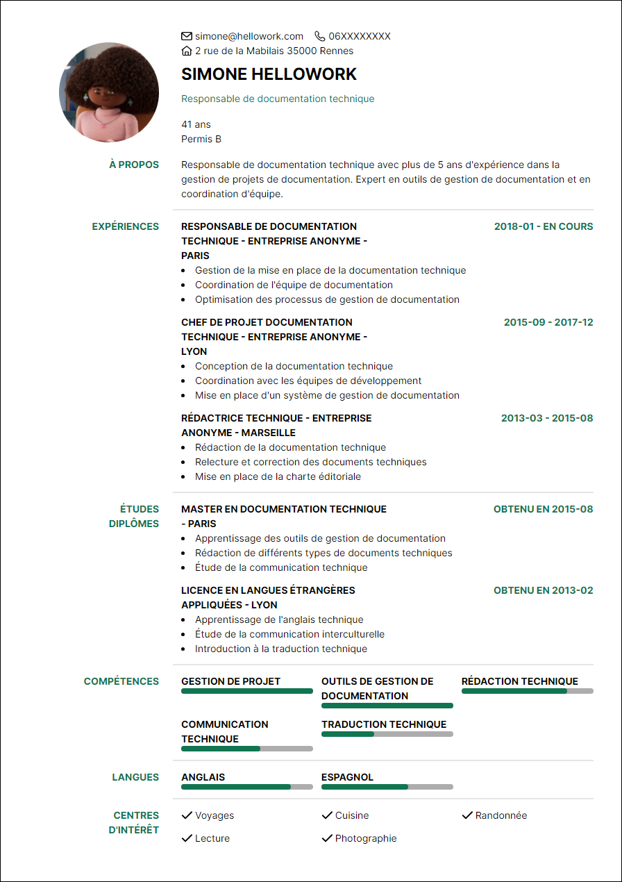 Modèle CV Responsable de documentation technique Exemple CV Responsable de documentation technique