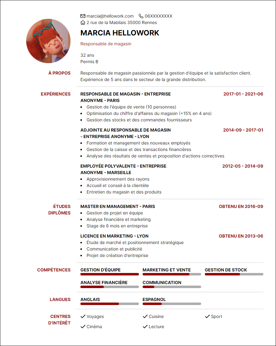 Modèle CV Responsable de magasin Exemple CV Responsable de magasin