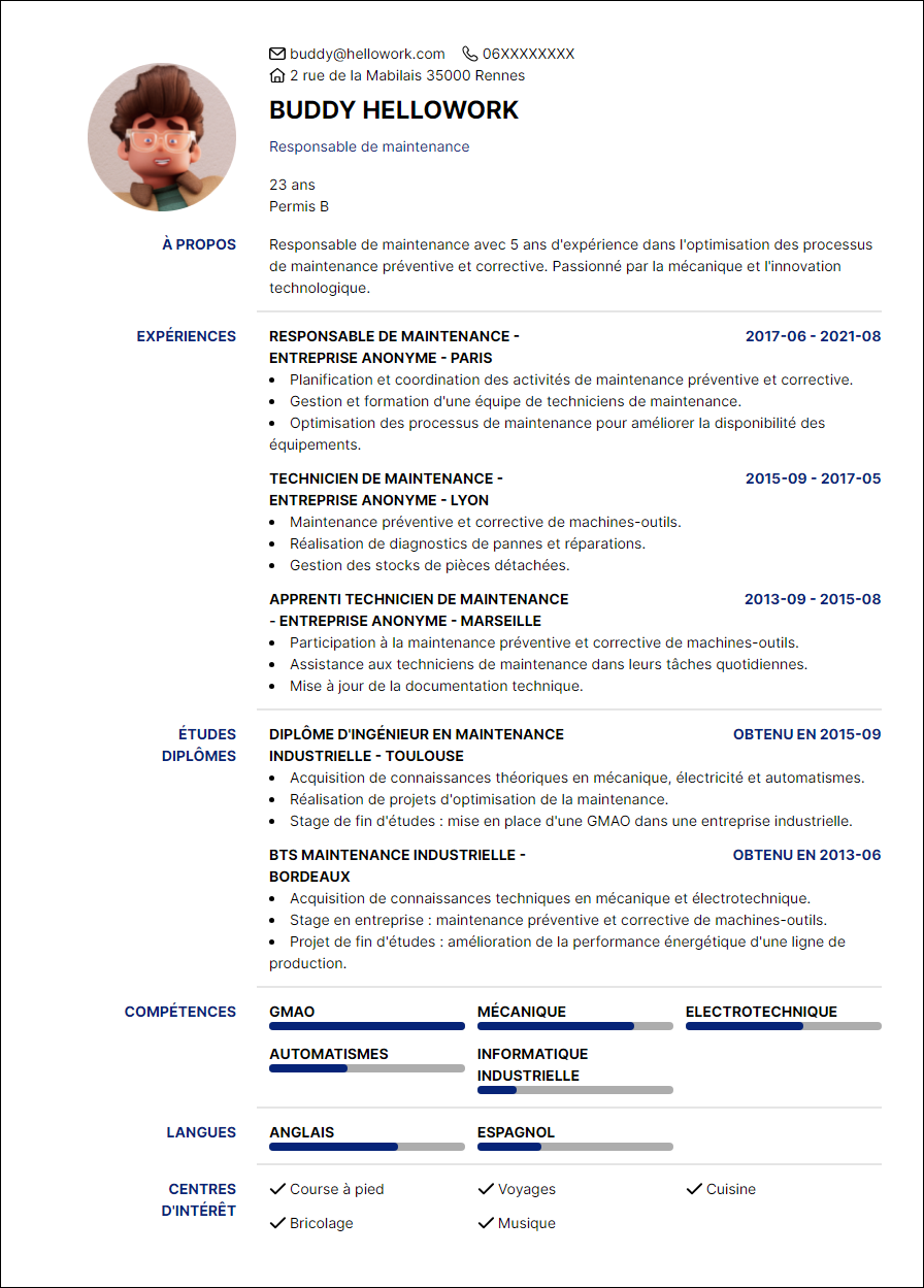 Modèle CV Responsable de maintenance Exemple CV Responsable de maintenance