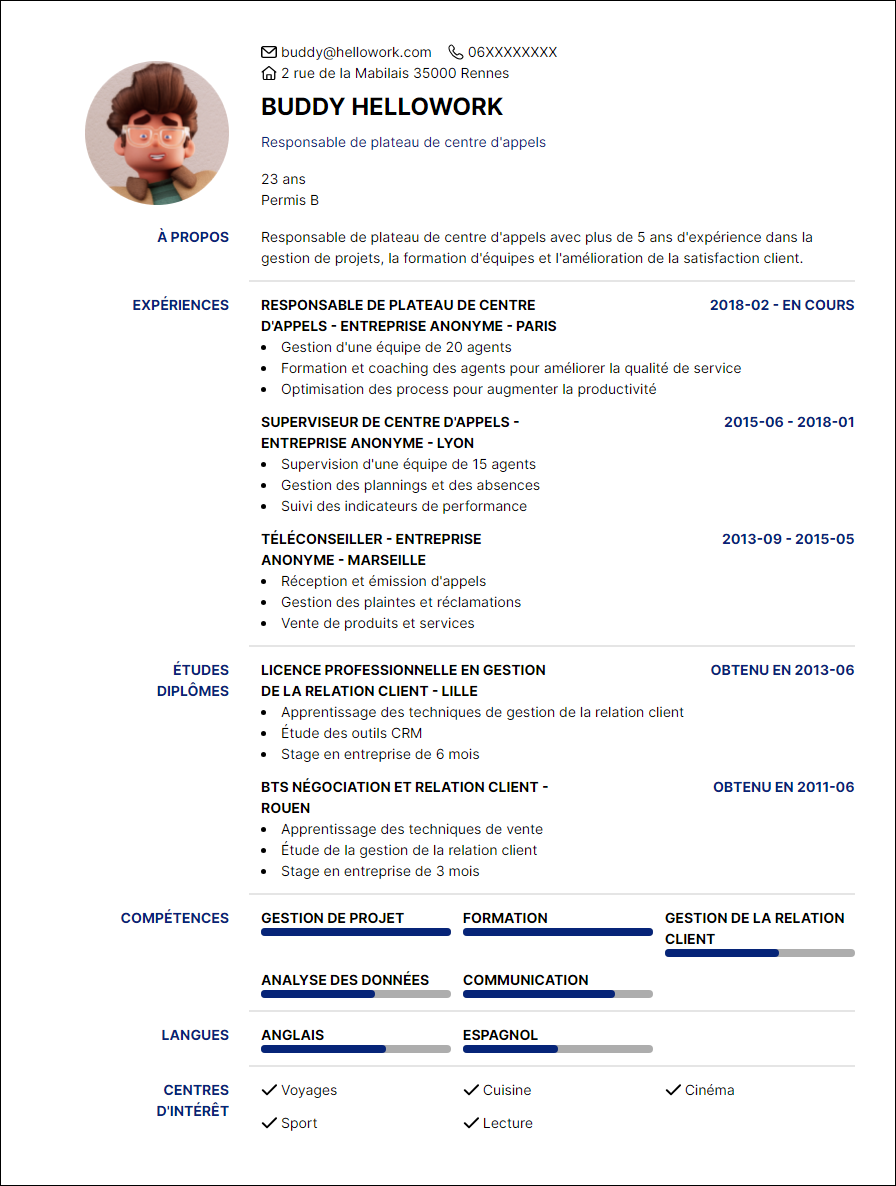 Modèle CV Responsable de plateau de centre d'appels Exemple CV Responsable de plateau de centre d'appels