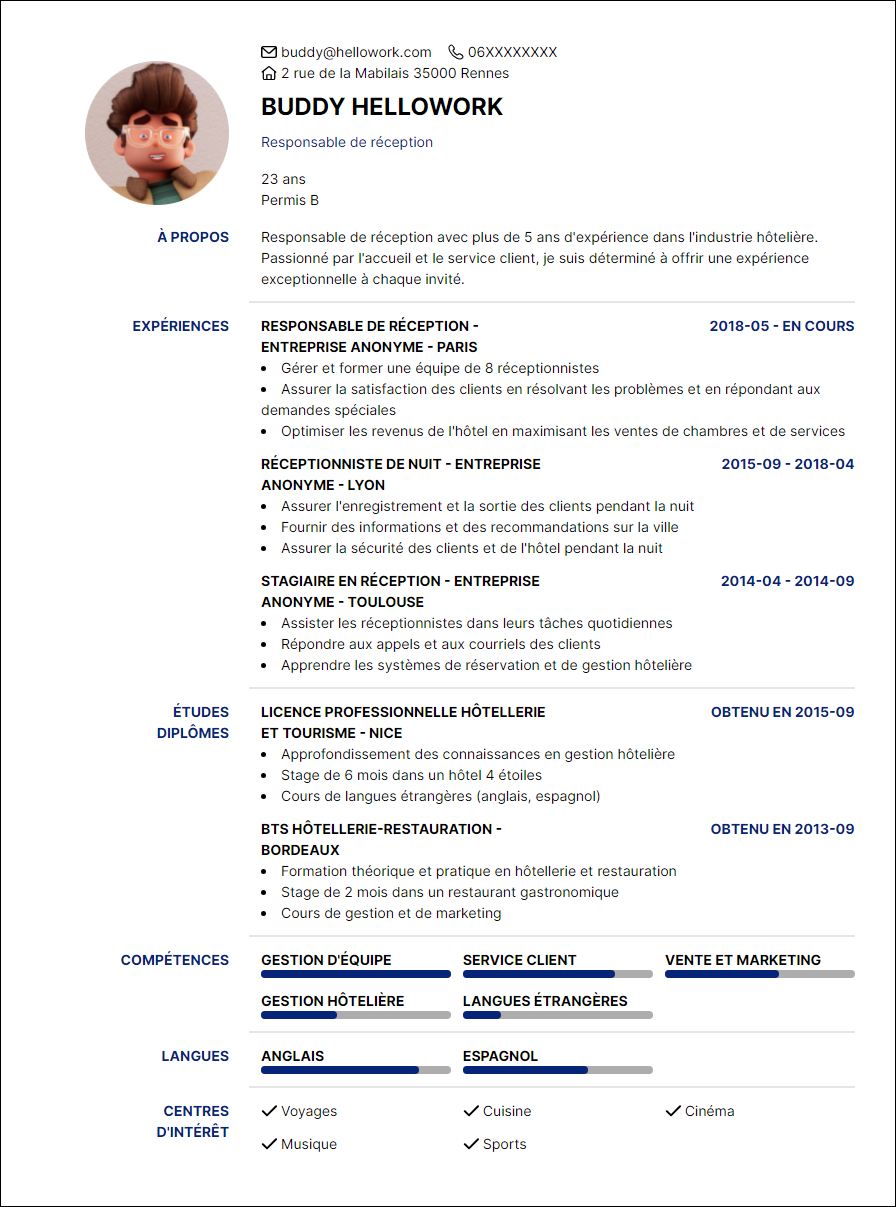 Modèle CV Responsable de réception Exemple CV Responsable de réception