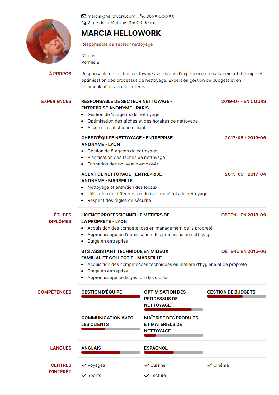 Modèle CV Responsable de secteur nettoyage Exemple CV Responsable de secteur nettoyage