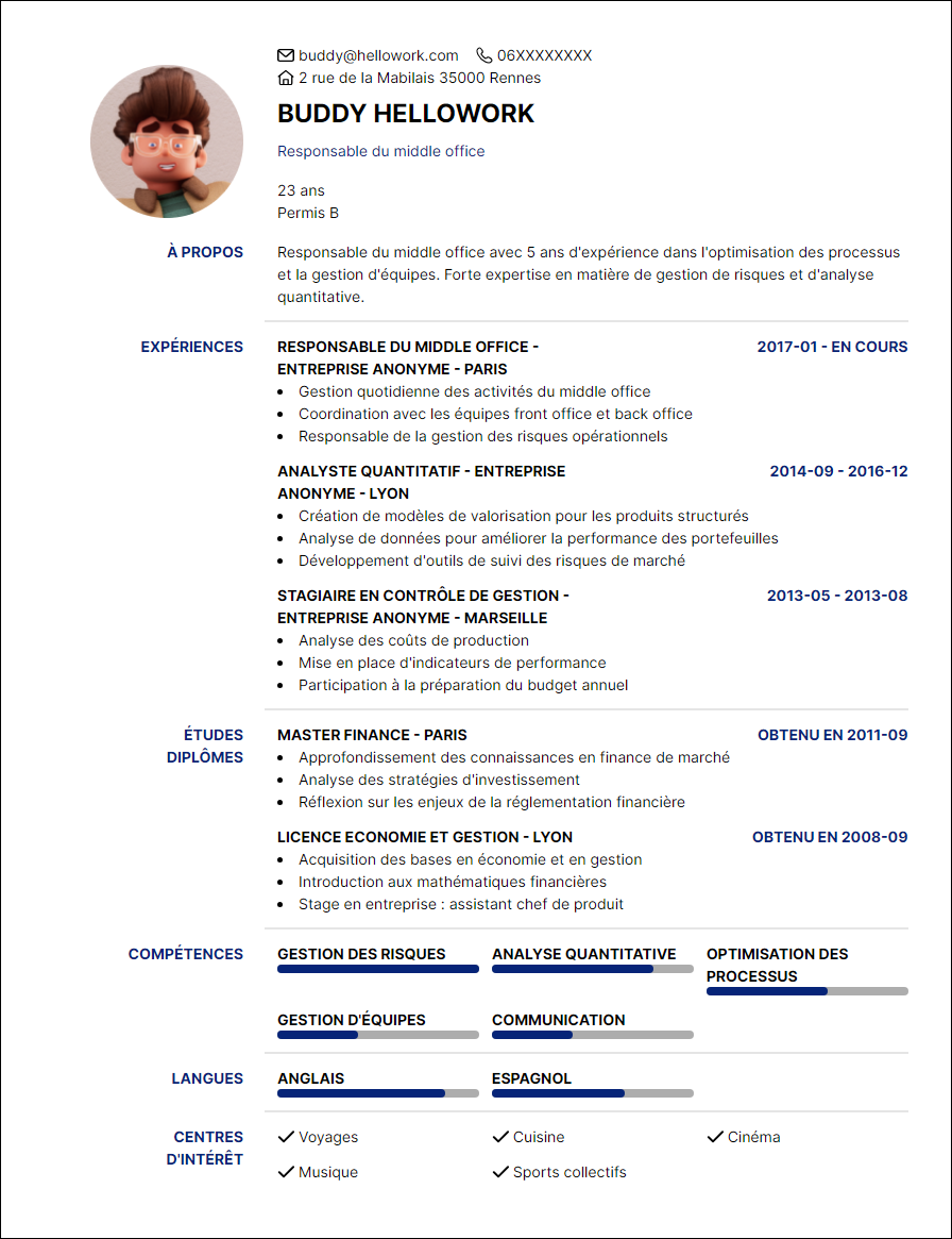 Modèle CV Gestionnaire de middle office Exemple CV Gestionnaire de middle office