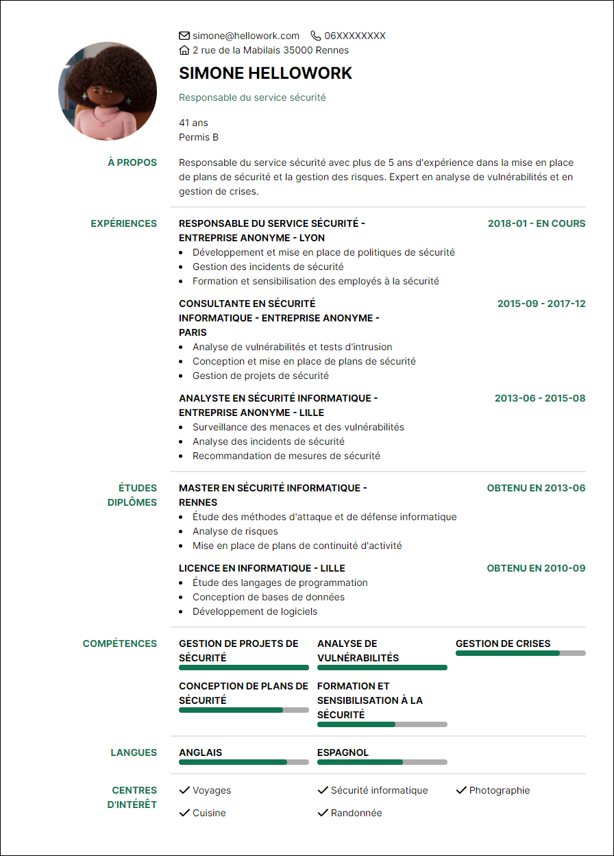 Modèle CV Responsable de la sécurité Exemple CV Responsable de la sécurité