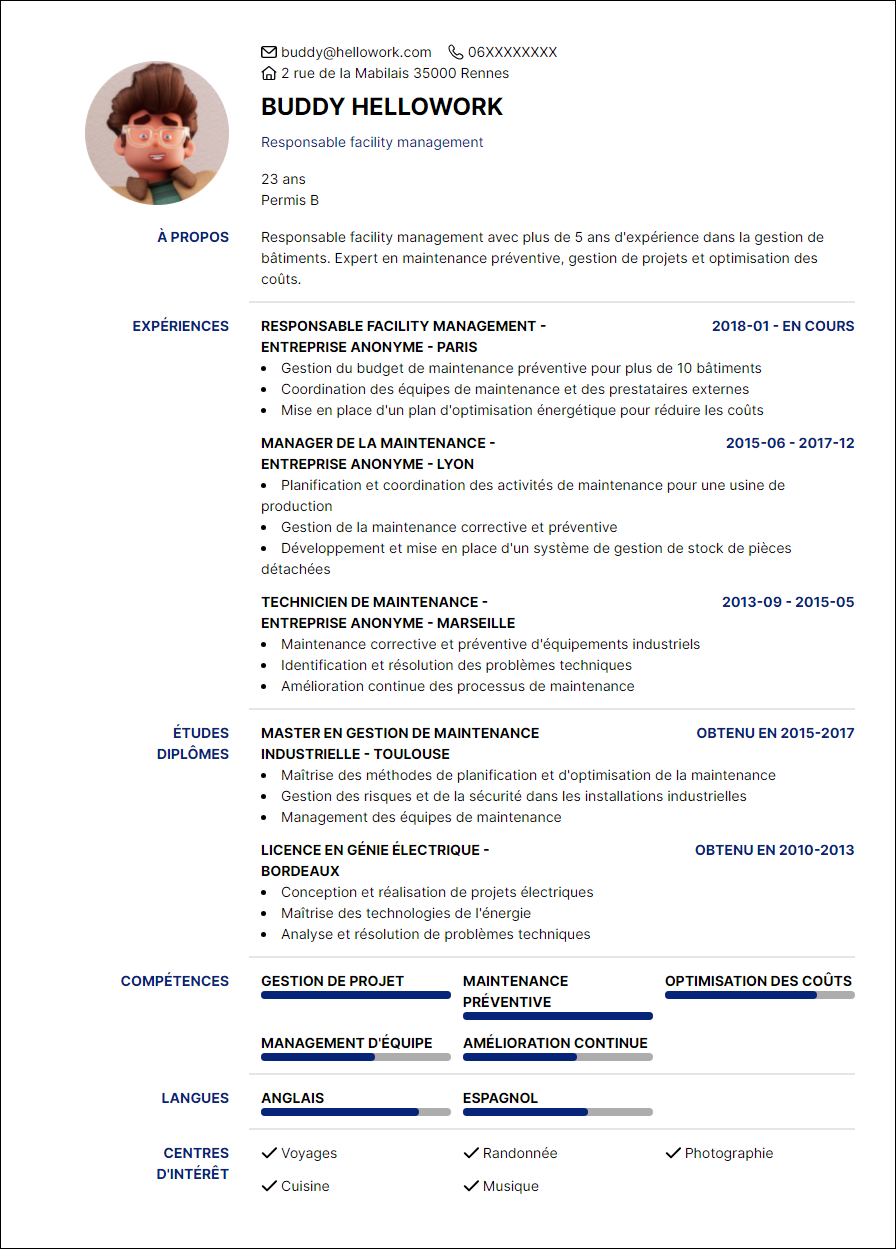 Modèle CV Responsable facility management Exemple CV Responsable facility management