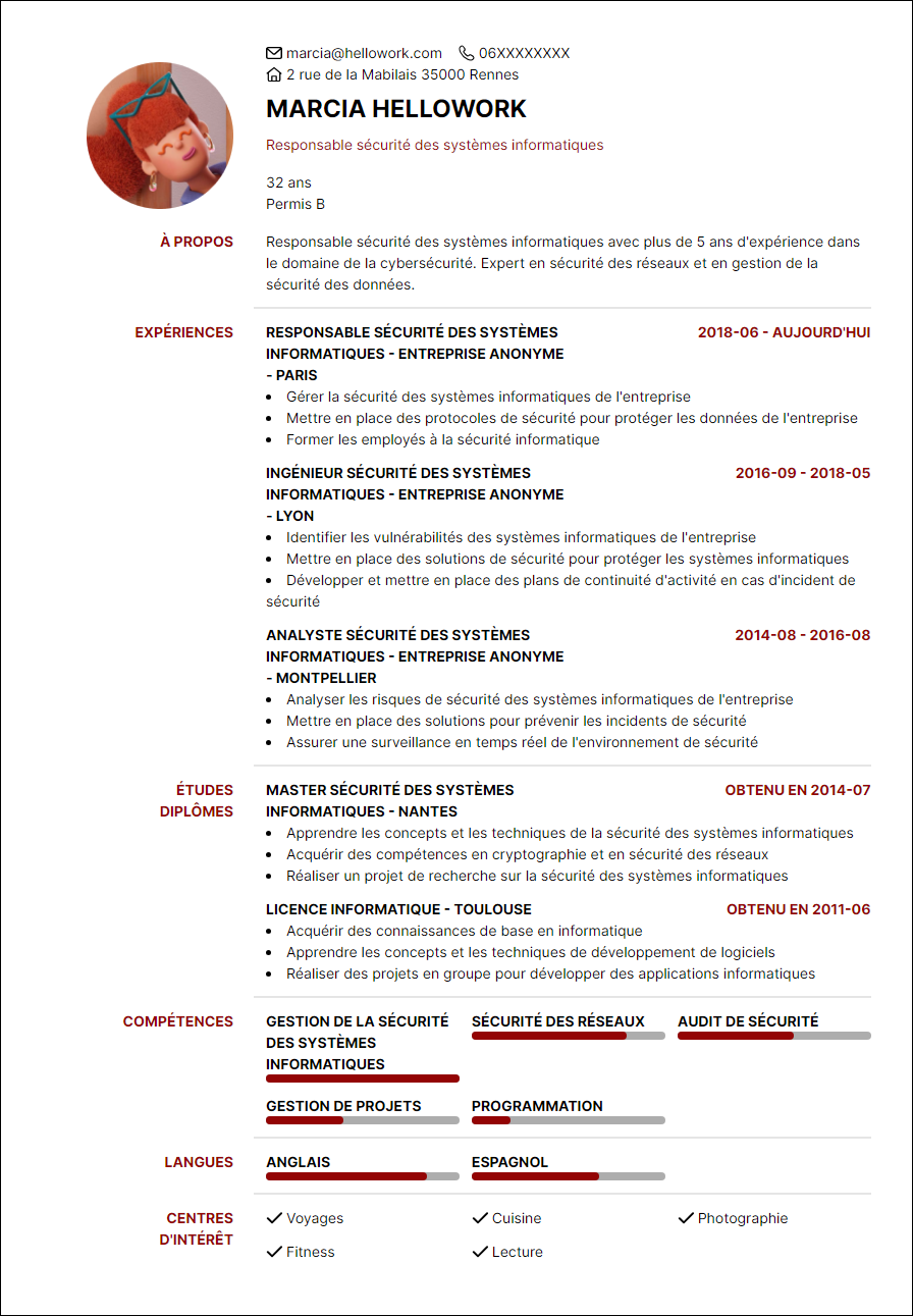 Modèle CV RSSI Exemple CV RSSI