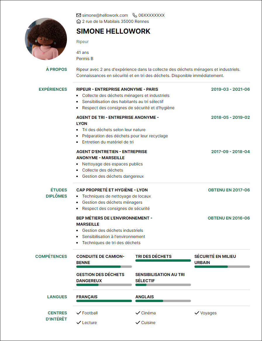 Modèle CV Ripeur Exemple CV Ripeur