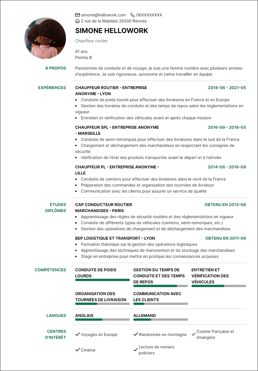 Modèle CV Chauffeur routier Exemple CV Chauffeur routier