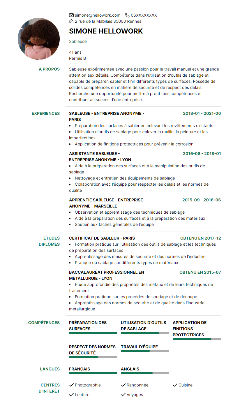 Modèle CV Sableur Exemple CV Sableur