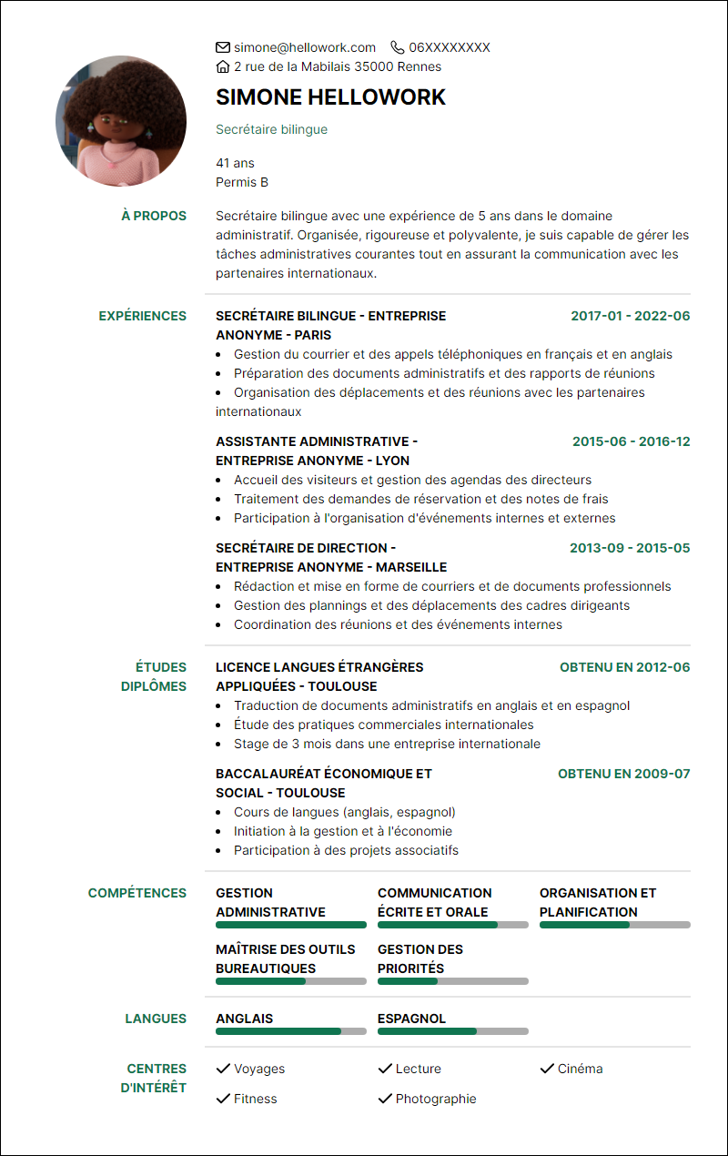 Exemple CV Secrétaire bilingue