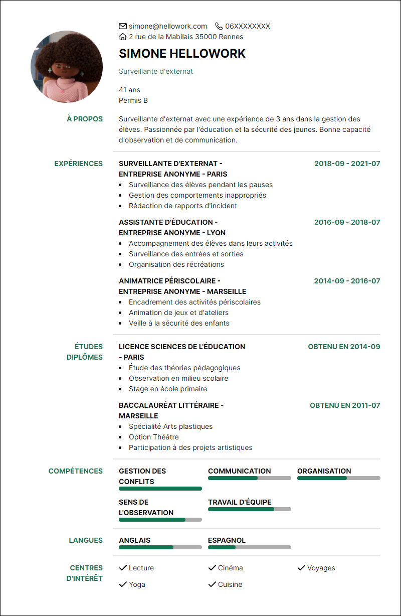Modèle CV Surveillant d'externat Exemple CV Surveillant d'externat