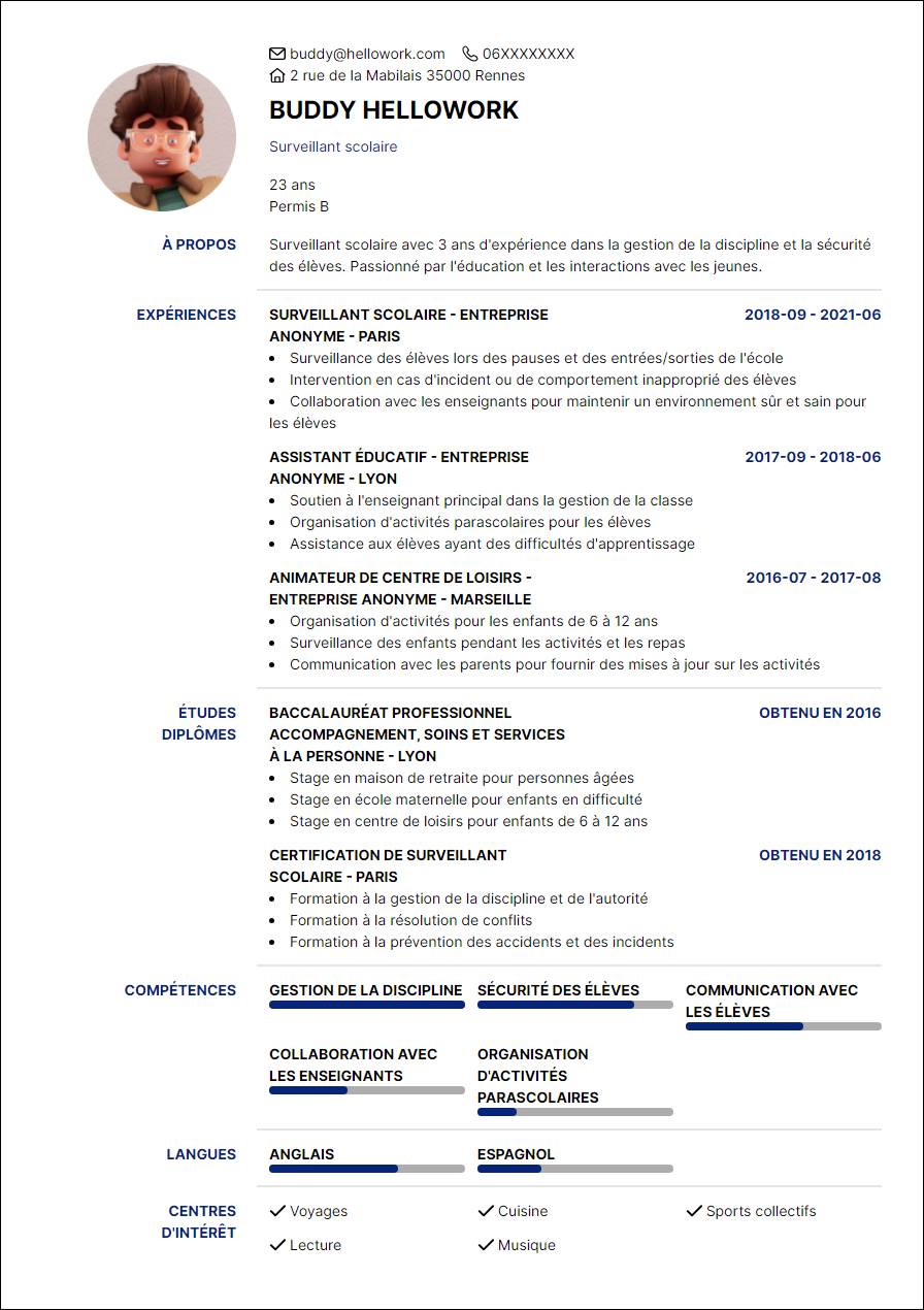 Modèle CV Surveillant scolaire Exemple CV Surveillant scolaire