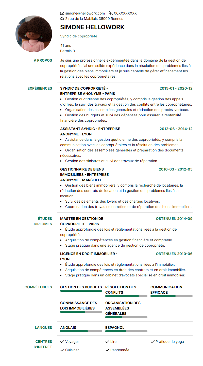 Modèle CV Syndic de copropriété Exemple CV Syndic de copropriété