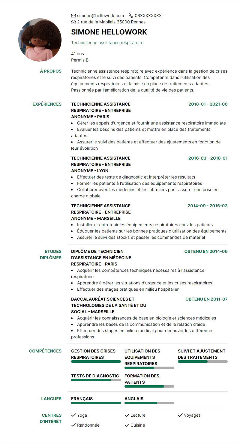 Modèle CV Technicien respiratoire Exemple CV Technicien respiratoire