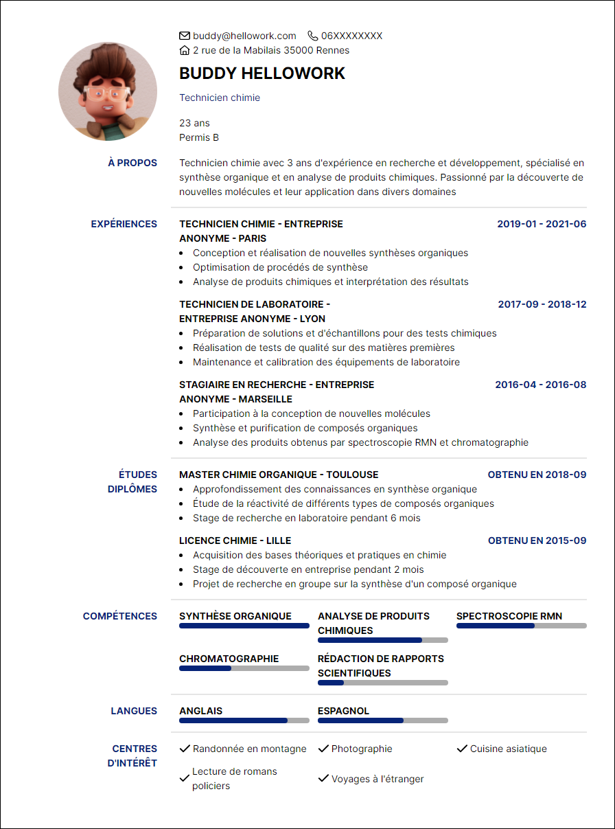 Modèle CV Technicien chimiste Exemple CV Technicien chimiste