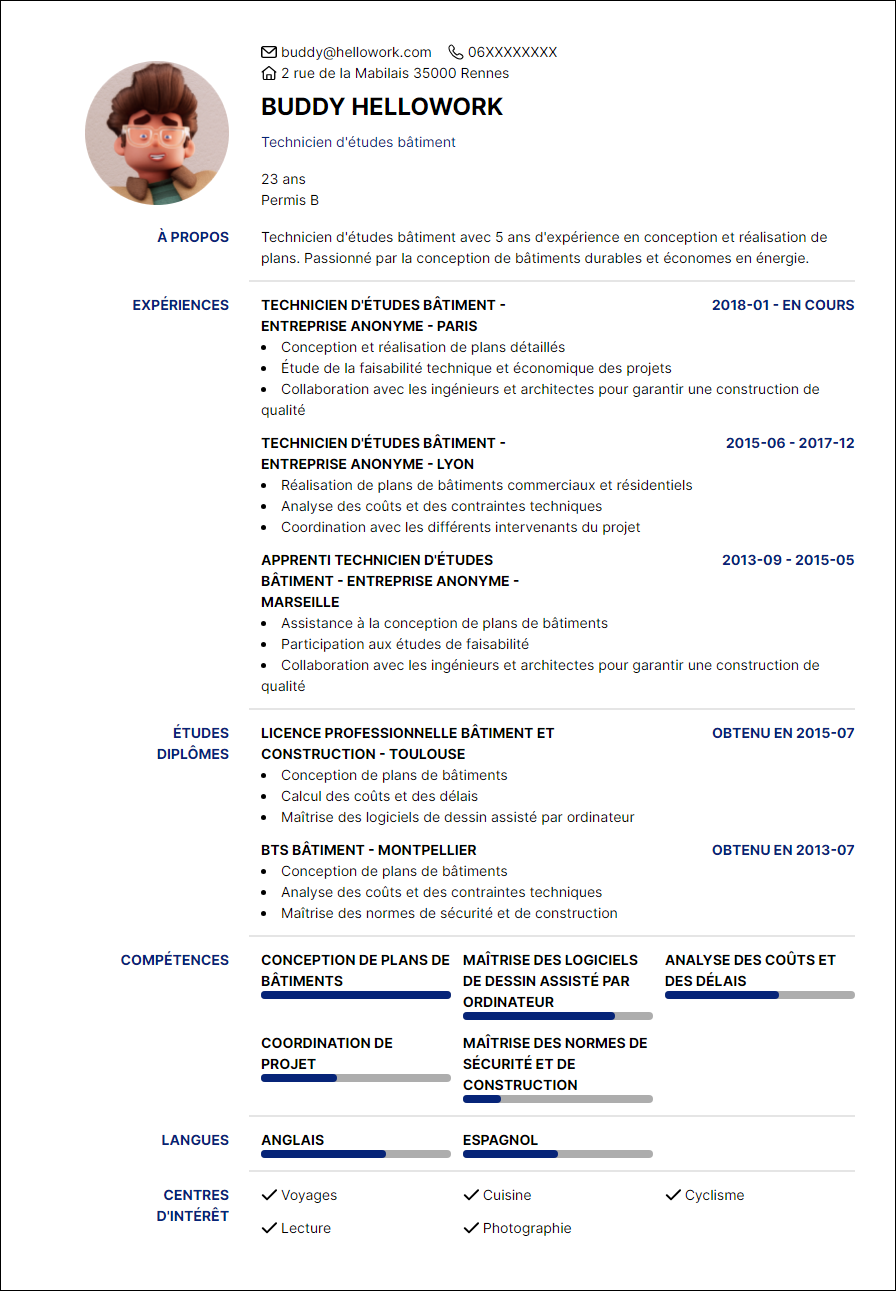 Modèle CV Technicien bâtiment Exemple CV Technicien bâtiment