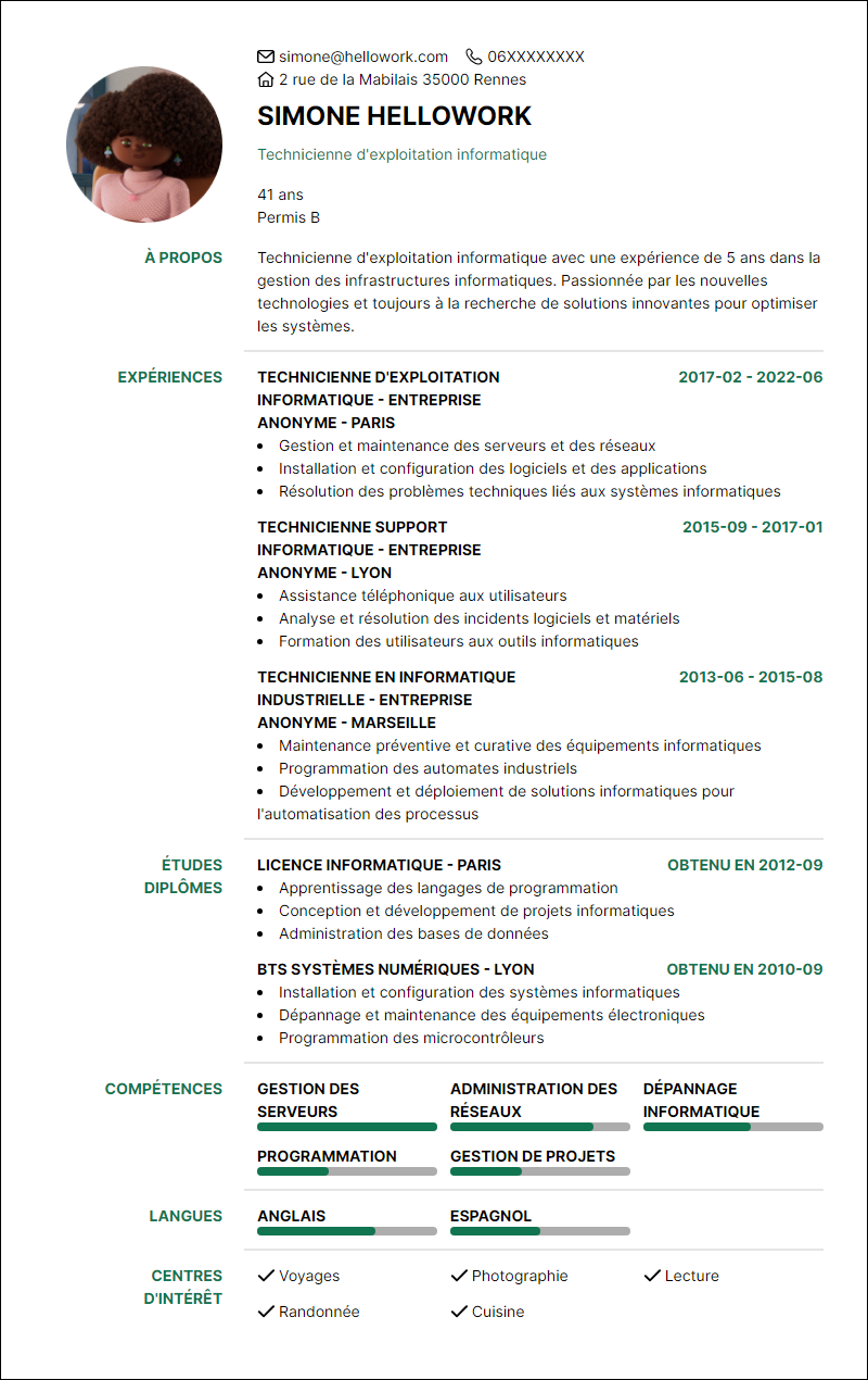 Modèle CV Technicien d'exploitation informatique Exemple CV Technicien d'exploitation informatique