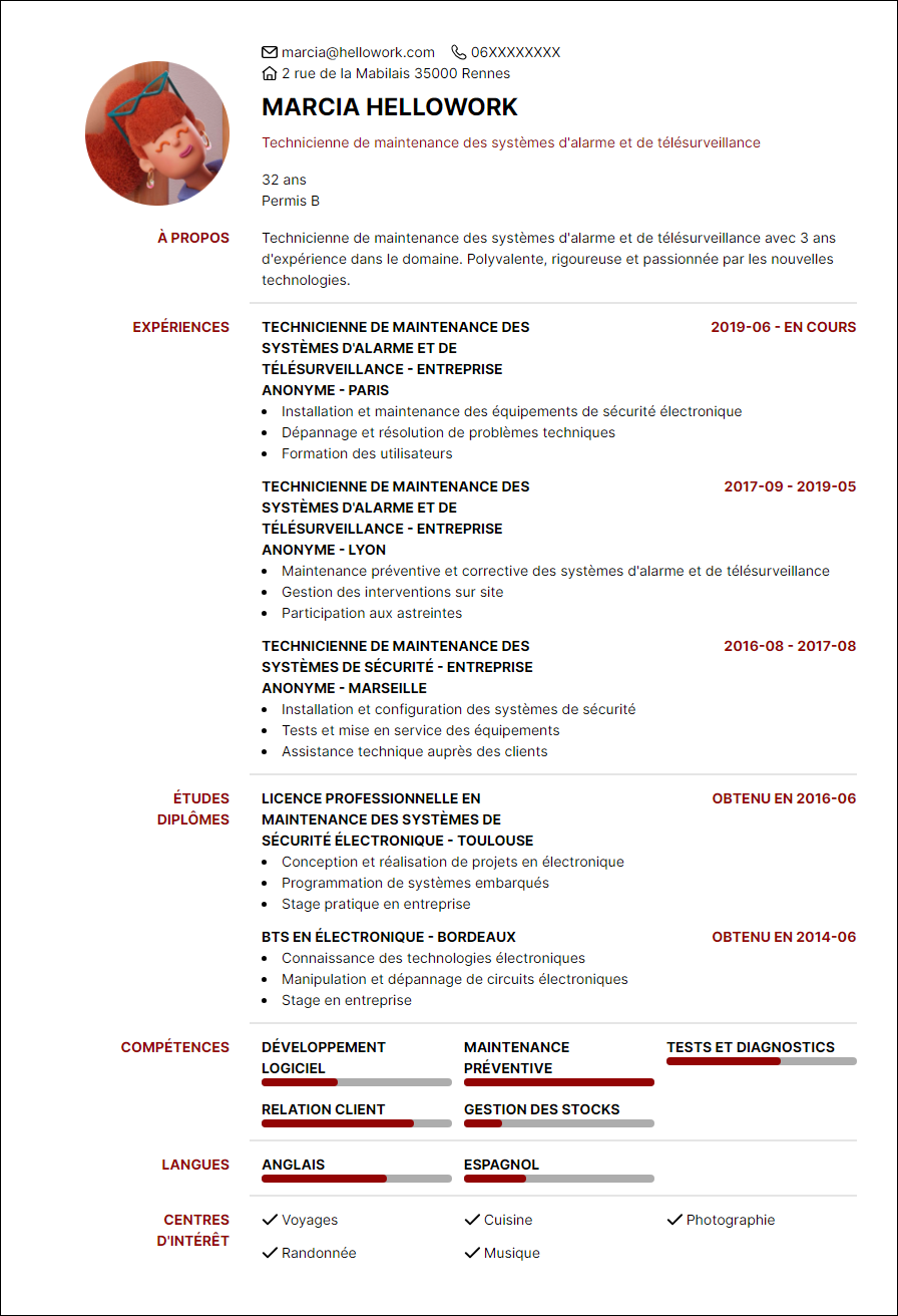 Modèle CV Technicien alarme Exemple CV Technicien alarme