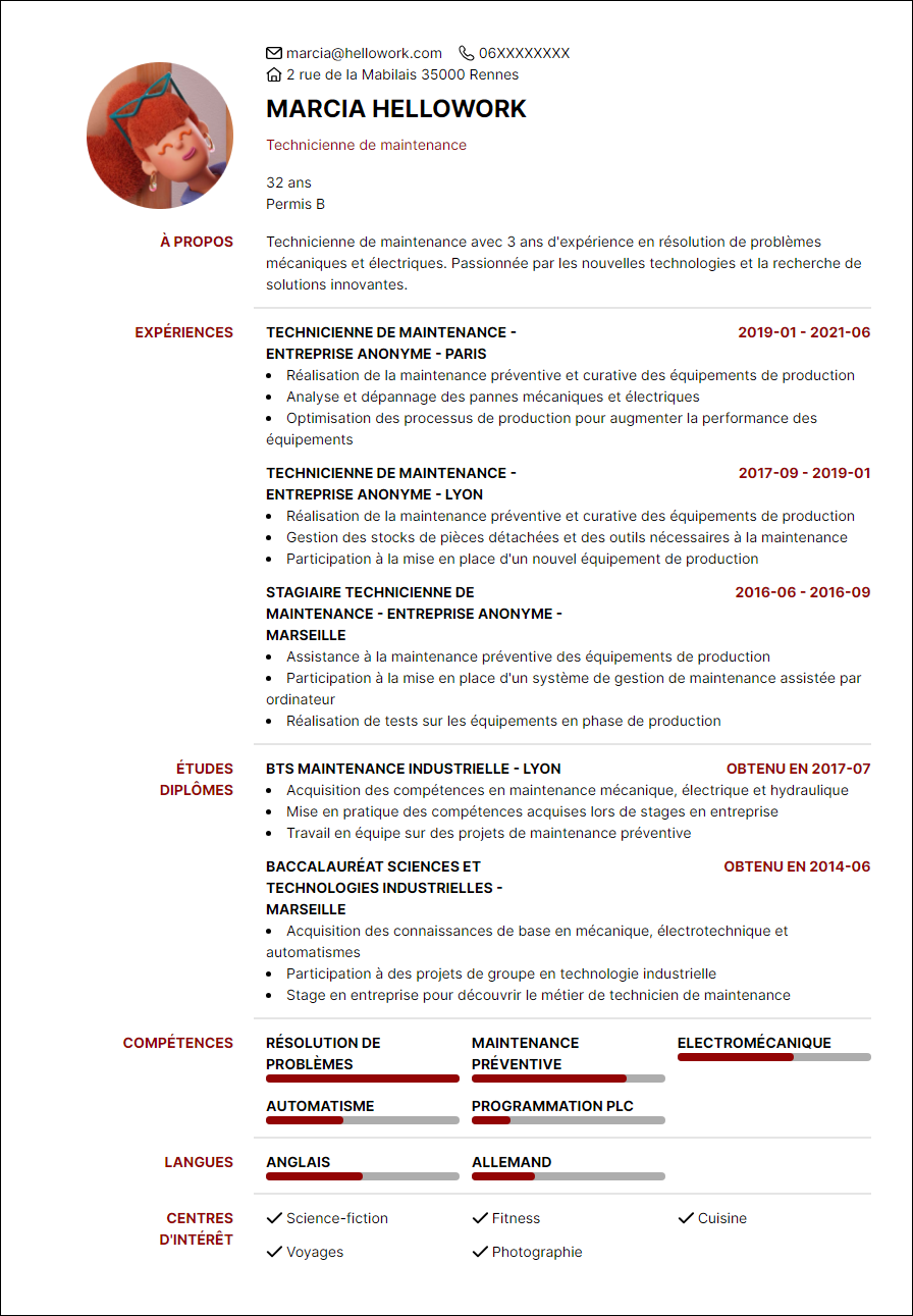 Modèle CV Technicien de maintenance Exemple CV Technicien de maintenance