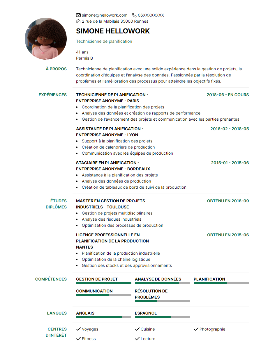 Modèle CV Assistant de planification Exemple CV Assistant de planification