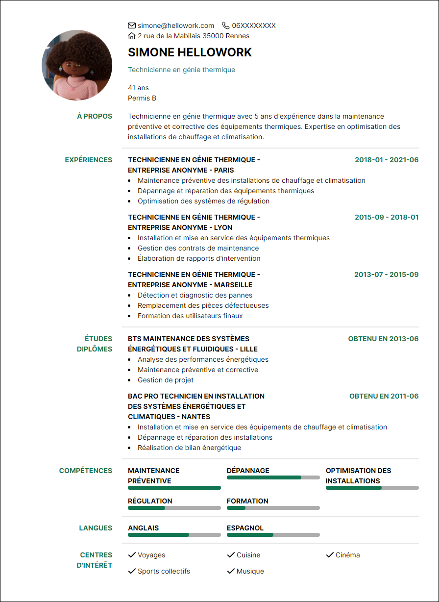 Modèle CV Installateur thermique Exemple CV Installateur thermique